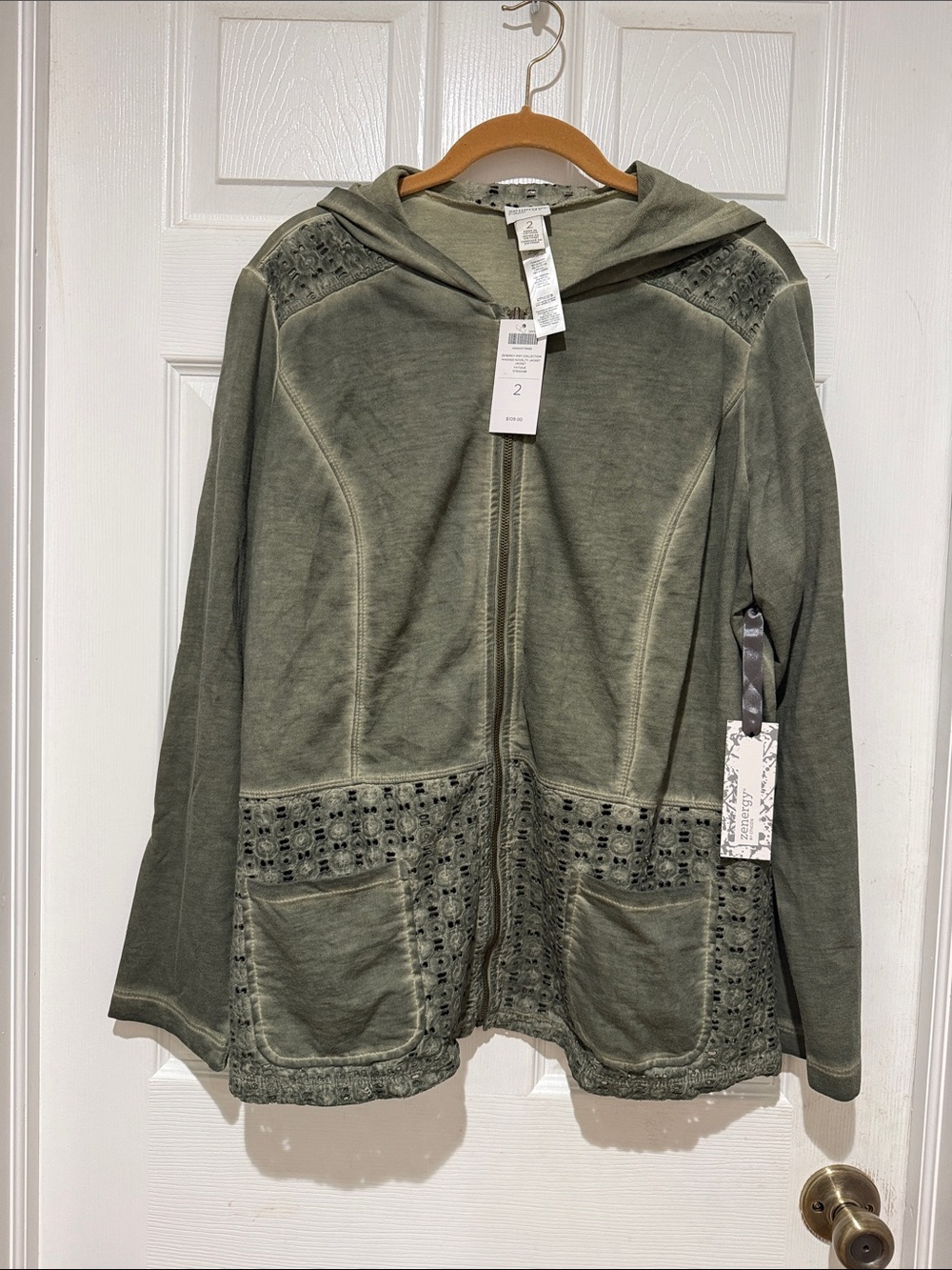 Chico’s Women's Olive Hooded Utility Jacket with Crochet Panels